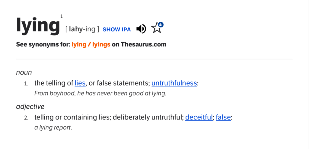 A screenshot of the Dictionary.com entry for "lying."